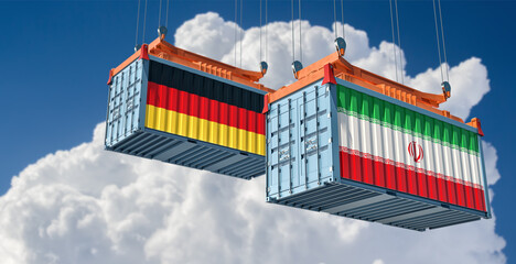 Cargo containers with Iran and German national flags. 3D Rendering