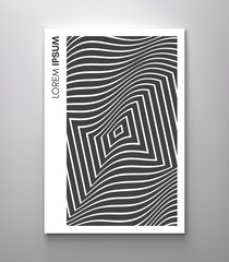 Cover design template. Optic art illustration of black and white squares. The geometric background by stripes. 3d vector pattern for brochure, magazine, poster, presentation, flyer or banner.