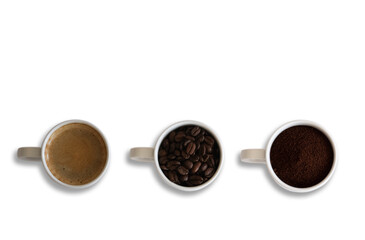 cups of coffee with beans, ground beans and freshly brewed coffee