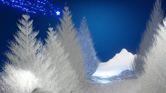 Christmas scene.  Beautiful winter background with snowy pine trees in the forest and shining Star of Bethlehem in the night sky. 4K video animation 3d render illustration.