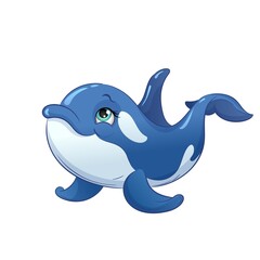 Cute cartoon orca whale. Ocean animal, vector illustration. Graphic Isolated on white background.