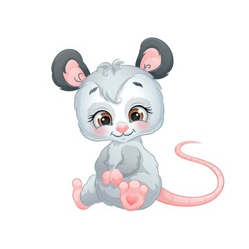 Cute cartoon opossum, vector illustration. Isolated white background.