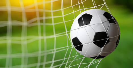 Naklejka premium Soccer ball in goal on grass