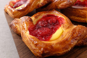 Sweet Bread Cherry Danish Pastry with Fruit - obrazy, fototapety, plakaty