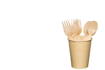 Eco coffee paper cups and cutlery wooden isolated on white background. Environmental friendly Concept.	