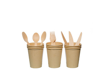 Eco  paper drinking cups and wooden cutlery  isolated white background idea for web title, advertising, background. Environment friendly concept.