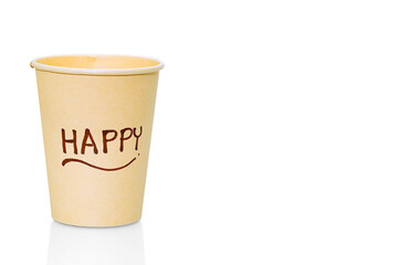 A Happy brown paper drink cup isolated on white background. Environment friendly concept.