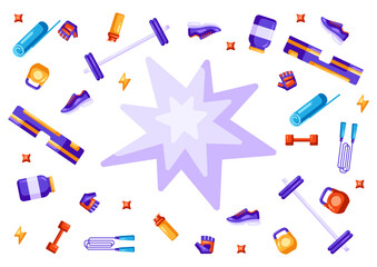 Background with fitness equipment. Sport bodybuilding items illustration.