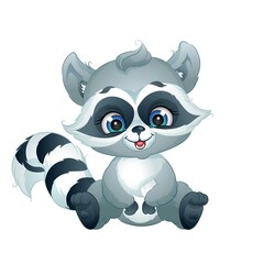 Cute cartoon baby raccoon, vector illustration. Forest animal, isolated white background.