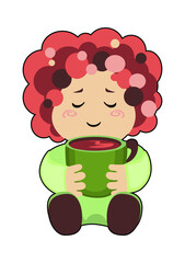 A simple drawing of a sitting curly-haired baby boy clutching a mug of warm drink on a white background.