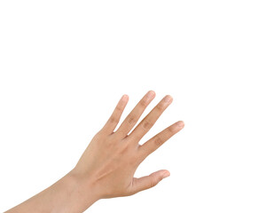Close up Asian female hand show Number Five finger, palm hand in back, sign arm and hand isolated on a white background copy space symbol language