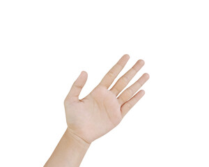 Close up Asian female hand show Number Five finger, palm hand in front, sign arm and hand isolated on a white background copy space symbol
