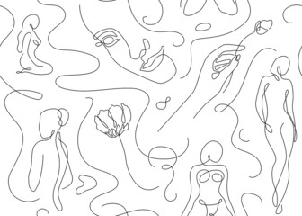 Line art woman, body female outline silhouette vector seamless pattern background. Feminine faces, different figure poses in modern simple style, with hand and flowers. Beauty and fashion concept