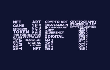 Vector illustration of a non fungible token. NFT background. Digital technology concept. Crypto art. The word NFT is made up of words