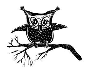 drawing picture of funny cute owl sitting on branch, sketch, cartoon comic vector illustration