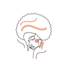 Face of an Afro American woman in a modern abstract minimalist one line style with minimal shapes. Continuous black line of an African girl simple drawing. Isolated on white. Vector illustration.