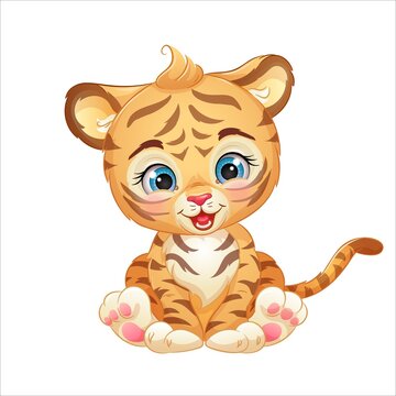 Cute Cartoon Tiger Cub, Vector Illustration. Jungle Animal, Isolated White Background.