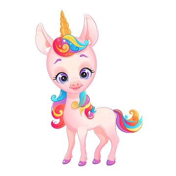Cartoon pink unicorn with rainbow hair and horn. Cute fairy tale creatures, isolated white background.