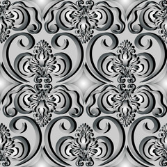 Seamless pattern, vector. Luxury Damask style, hand drawn, grey swirl pattern, grey background.