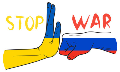 Stop the war between Russia and Ukraine message banner with hands in national flags colors. Creative concept. Vector illustration
