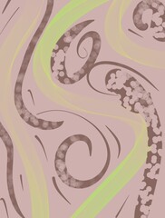 Vertical illustration, abstract shapes and swirls with dots on pink background