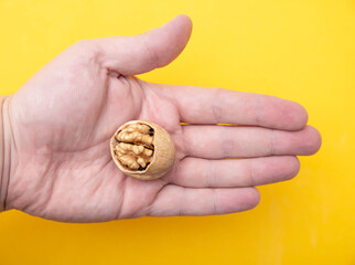 Walnut with a broken shell in the palm of a man on a yellow background, close-up. Concept of the benefits of nuts for the brain and thinking