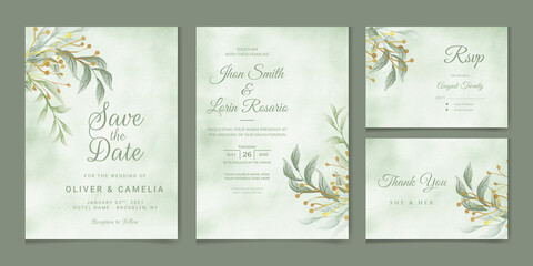 Fototapeta na wymiar Elegant watercolor wedding invitation card template with greenery leaves