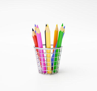 Colored pencils in basket stationery school education concept icon sign or symbol cartoon on white background 3d illustration