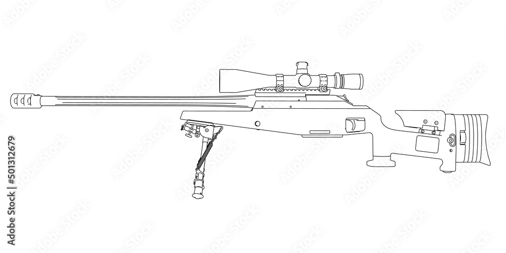 Poster outline of a rifle with an optical sight from black lines isolated on a white background. side view.