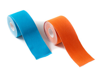 Kinesiology tape for taping in blue and orange on a white background, isolate. Close-up, isolate