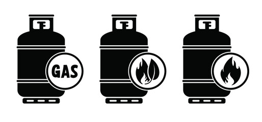Cartoon propane bio gas cylinder with fire flame icon or logo. Vector gas cannister symbol. LPG tank or container for propane bottles. Oxygen biogas cylinder. fuel storage bottle. Natural energy. Sign