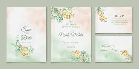 Fototapeta na wymiar Abstract Background. Wedding invitation card template set with watercolor and floral decoration. Flowers illustration for save the date, greeting, poster, and cover design 