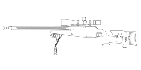 Outline of a rifle with an optical sight from black lines isolated on a white background. Side view. Vector illustration