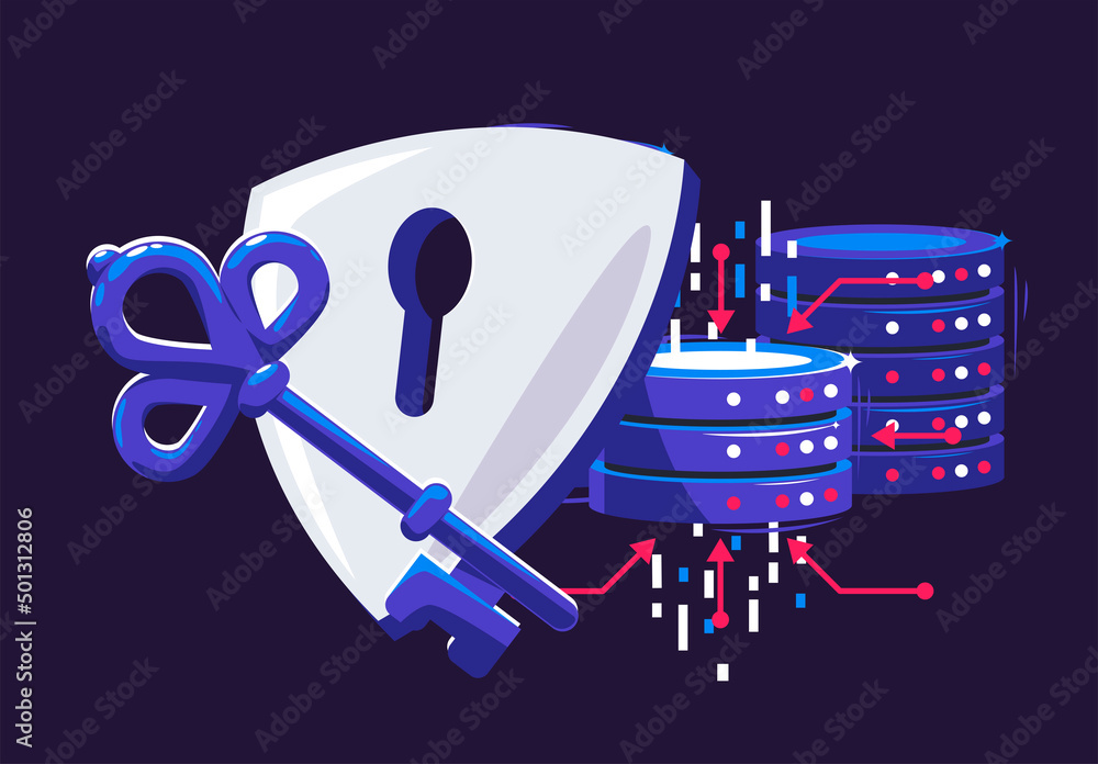 Poster vector illustration data center protection, disks for storing information under reliable protection 