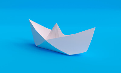 Obraz premium 3D illustration, white folded paper boat, on blue background, 3d rendering