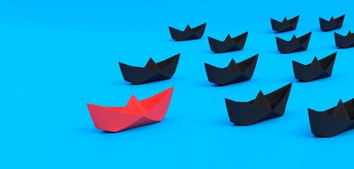 3D illustration, leadership concept, red paper boat, leading black paper boats, on blue background 3d rendering