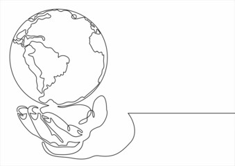 World in the palm of hand one line drawing on white isolated background. Vector illustration