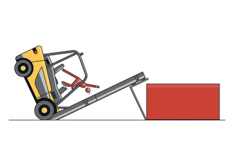 Tipping forklift accident. Flat line vector design of forklift with the operator and load. - 501313279
