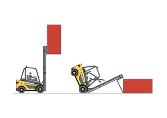 Tipping forklift accident. Flat line vector design of forklift with the operator and load. © norsob