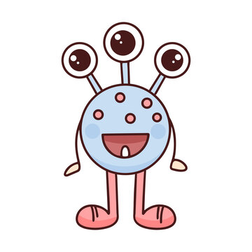 Funny monster with three eyes and one tooth isolated object. Baby