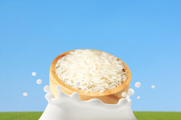 Rice milk organic, The movement of Thai Jasmine rice in wooden bowl falling into dairy splashed, Isolated on blurred of fields and sky background, Healthy drink lactose free for Health care concept.