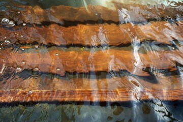 Braune Naturholzlatten unter Wasser bei Sonne 