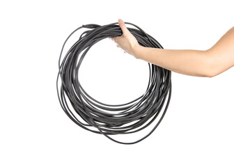 A coil of copper power cable in black insulation in a hand on a white background, isolate. Close-up