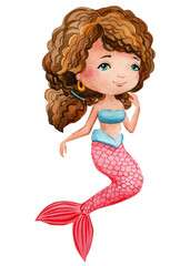 Mermaid on an isolated white background. Watercolor drawing illustration