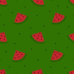 Simple seamless Watermelon pattern. Watermelon slices and seeds on dark green background. Made in vector.