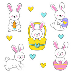 Cute Easter rabbits on white background in cartoon style.