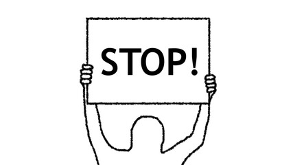 Stop!文字入りプラカードを持つ人の線画イラスト