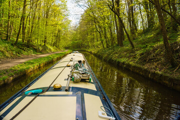 Onboard a narrowboat on the Llangollen canal near Chirk North Wales an idyllic vacation getaway and alternative lifestyle on the waterway network in the United Kingdom