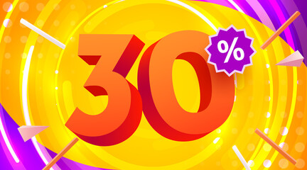 30 percent Off. Discount creative composition. 3d mega sale symbol with decorative objects. Sale banner and poster.