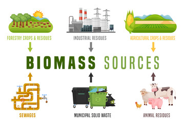 Biomass energy landscape poster with useful infographics. Vector illustration - obrazy, fototapety, plakaty